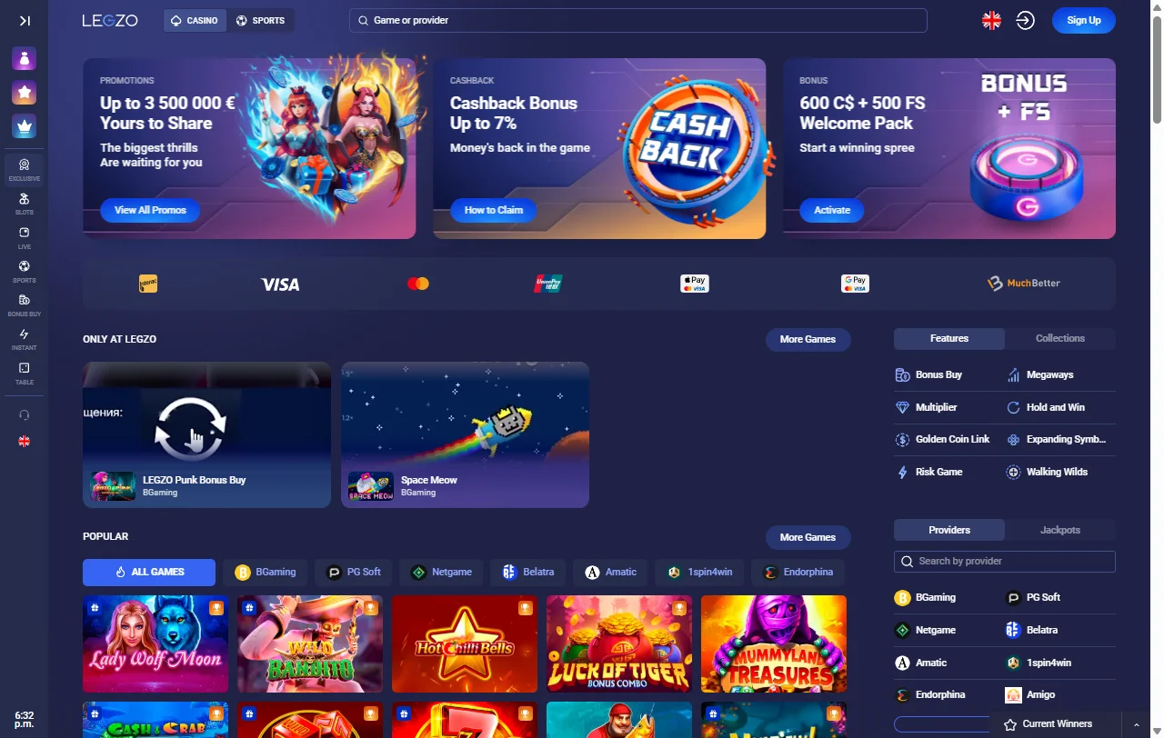 Legzo Casino México interfaz completa de escritorio con navegación principal, catálogo de juegos destacados y promociones activas