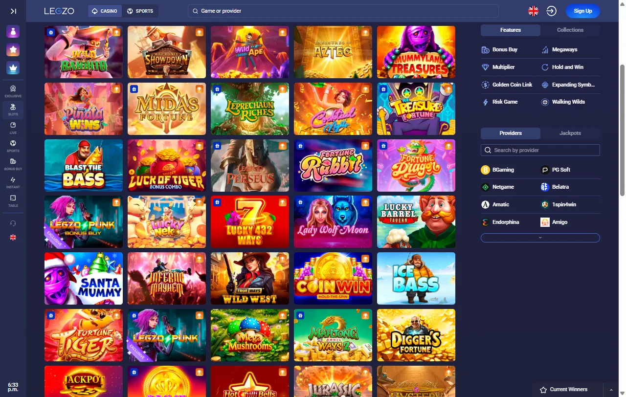 Colección de tragamonedas y juegos de mesa en Legzo Casino México con filtros de búsqueda avanzada por proveedor y RTP