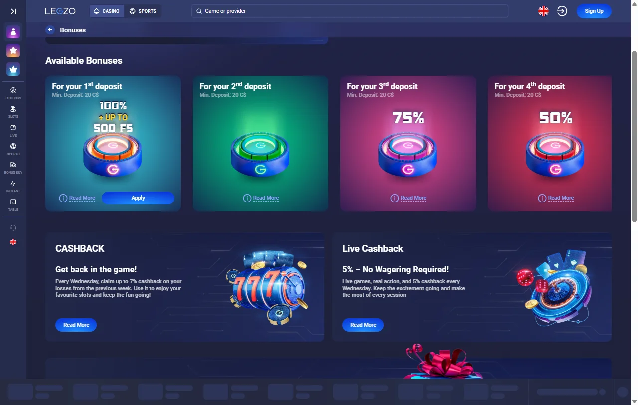 Bonificación y ofertas promocionales en Legzo Casino México incluyendo bono de bienvenida 200% y programa VIP