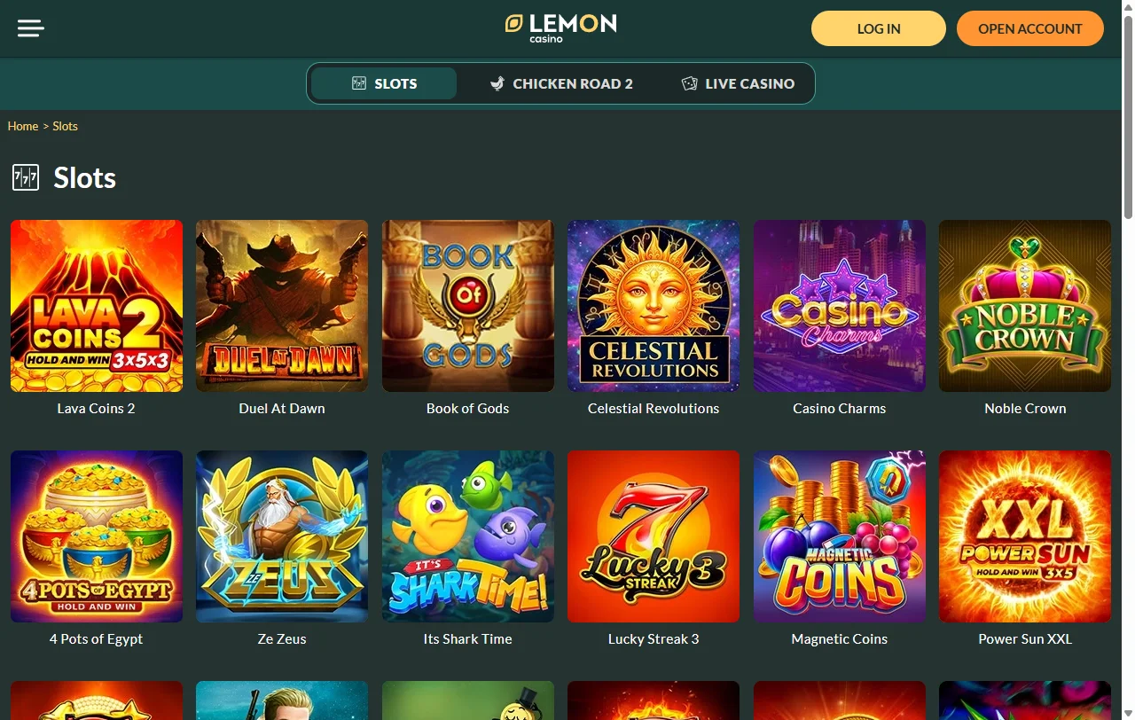 Catálogo de juegos en Lemon Casino México incluyendo tragamonedas de Pragmatic Play y Evolution Gaming