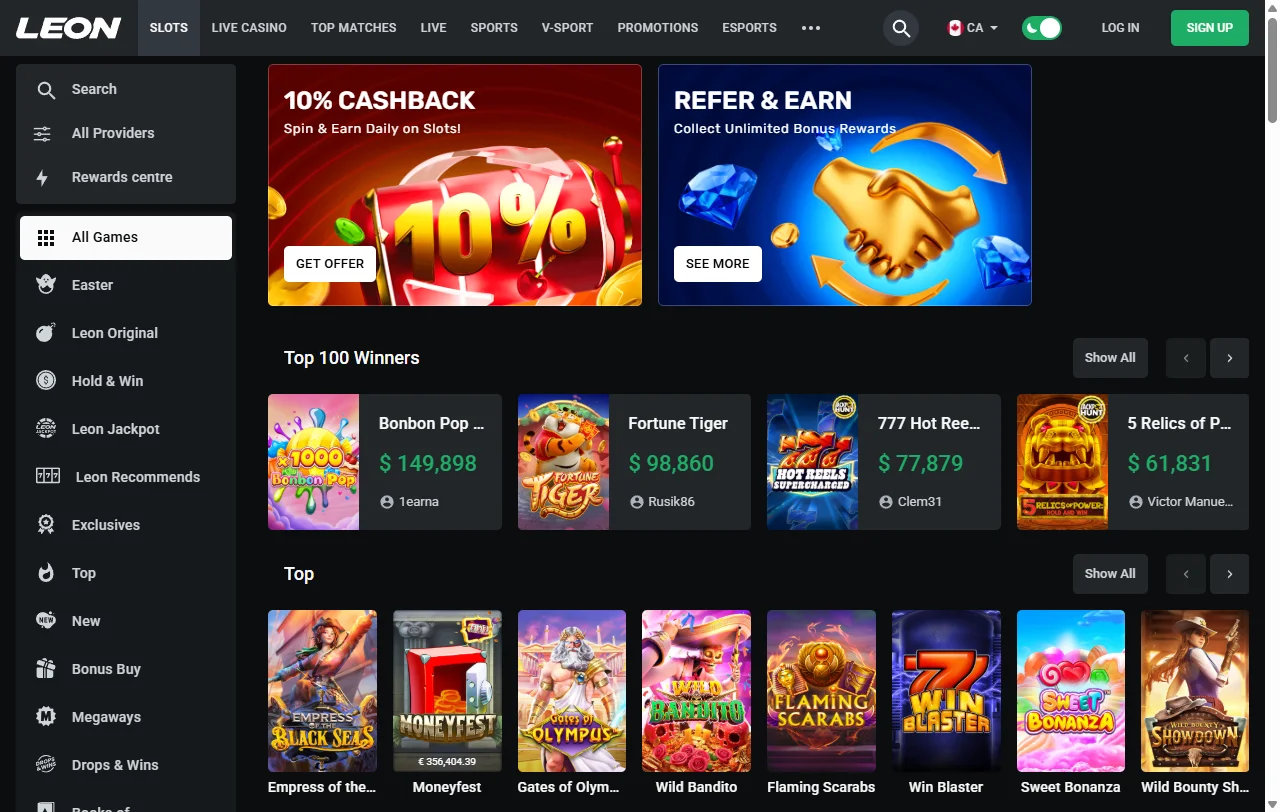 Catálogo de juegos en Leon Casino México incluyendo slots, mesa en vivo y títulos de proveedores internacionales