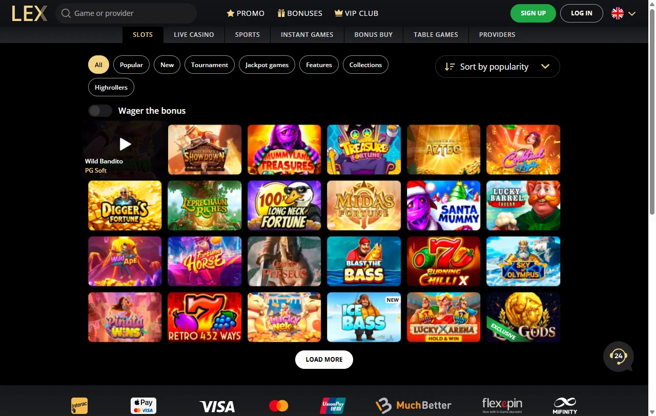 Catálogo de juegos en Lex Casino México incluyendo slots, mesa en vivo y proveedores de software