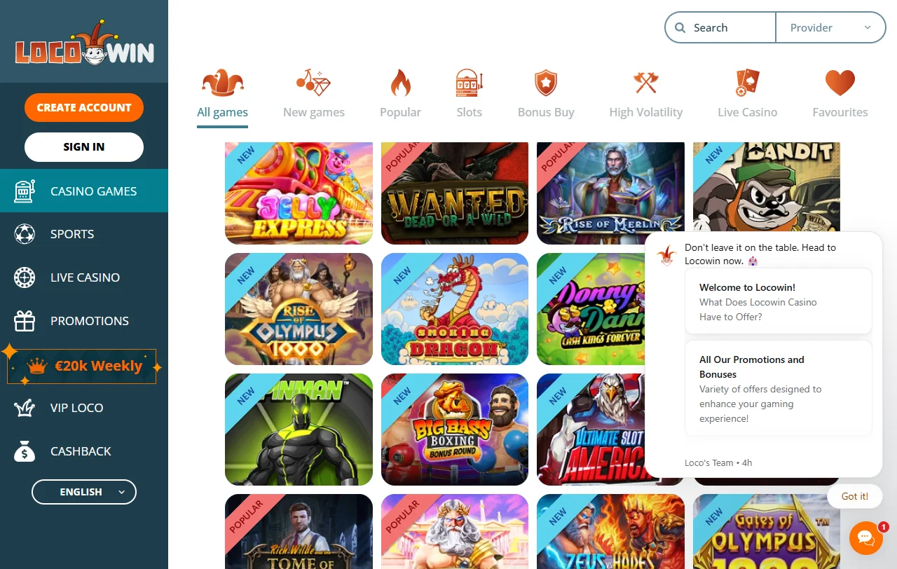 Biblioteca de juegos con proveedores Pragmatic Play, Evolution Gaming y Hacksaw Gaming en LocoWin Casino México
