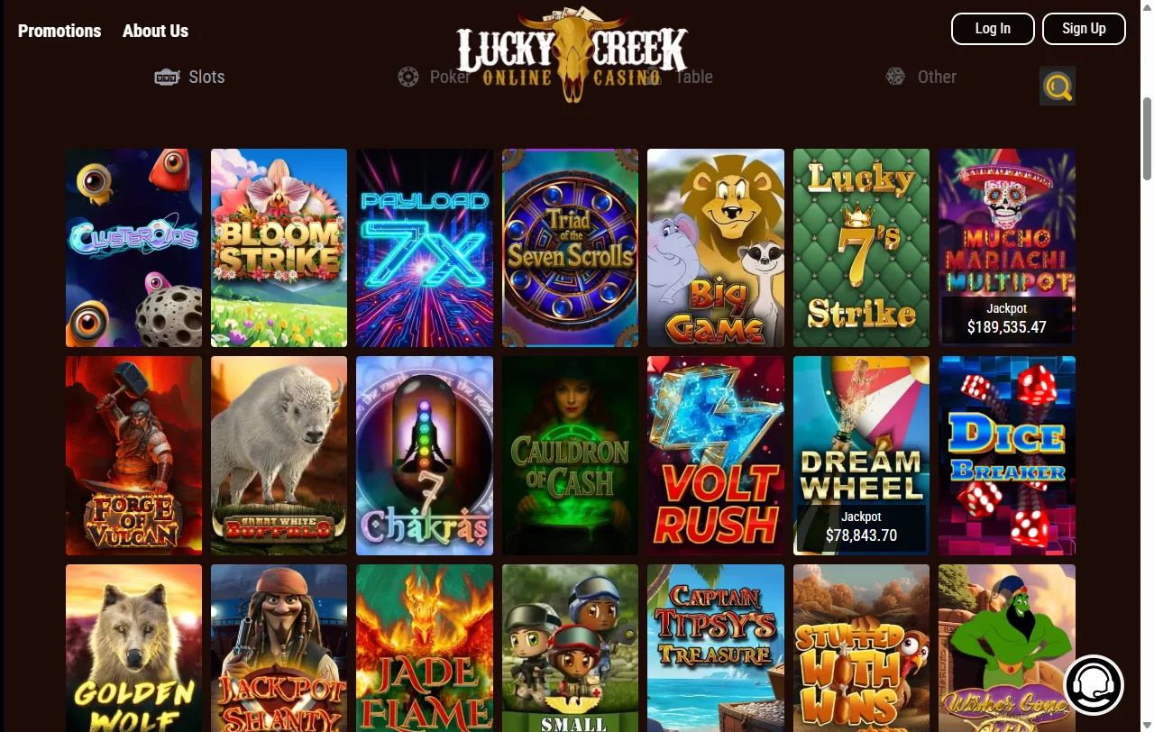 Catálogo de juegos en Lucky Creek Casino México incluyendo tragamonedas, mesa y casino en vivo