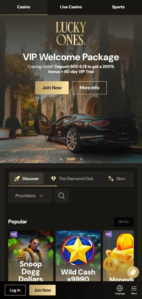 Experiencia móvil de Lucky Ones Casino México - acceso a juegos y cuenta desde navegador smartphone