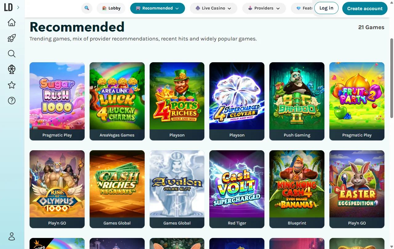 Catálogo de tragamonedas, juegos de mesa y opciones en vivo en LuckyDays Casino México