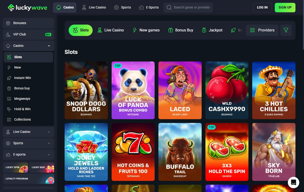 Tragamonedas, juegos de mesa y opciones en vivo en LuckyWave Casino México