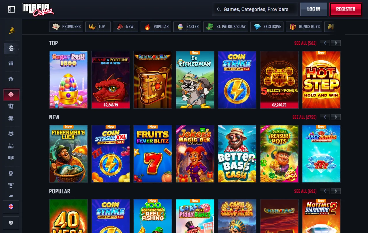 Catálogo de juegos de Mafia Casino México incluyendo tragamonedas, mesa en vivo y títulos de proveedores premium