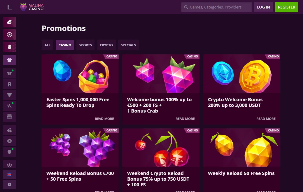 Catálogo de juegos, tragamonedas y entretenimiento en vivo en Malina Casino México
