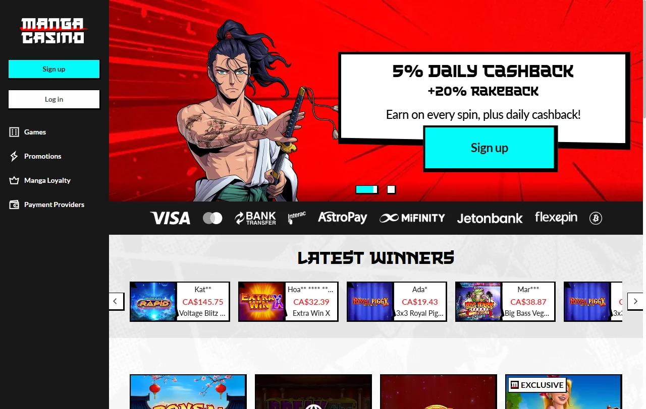 Manga Casino México interfaz principal de escritorio con navegación y catálogo de juegos