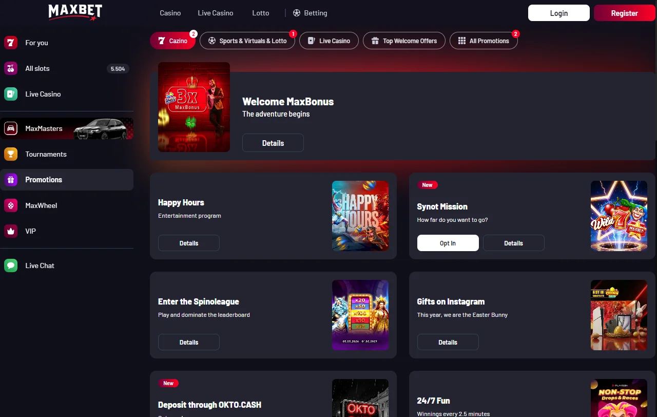 Catálogo de tragamonedas, juegos de mesa y casino en vivo disponible en Maxbet Casino México