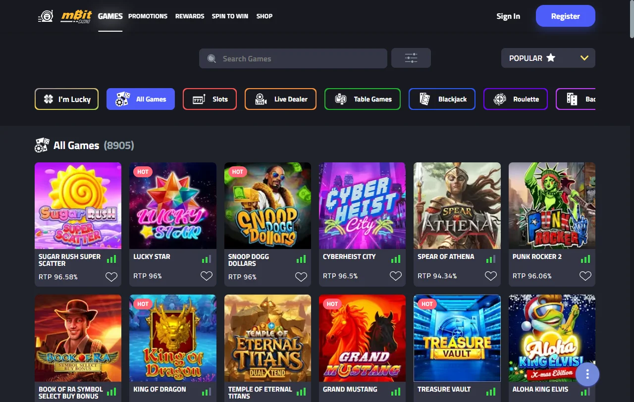 Catálogo de juegos en mBit Casino México incluyendo tragamonedas, mesa en vivo y entretenimiento de proveedores reconocidos