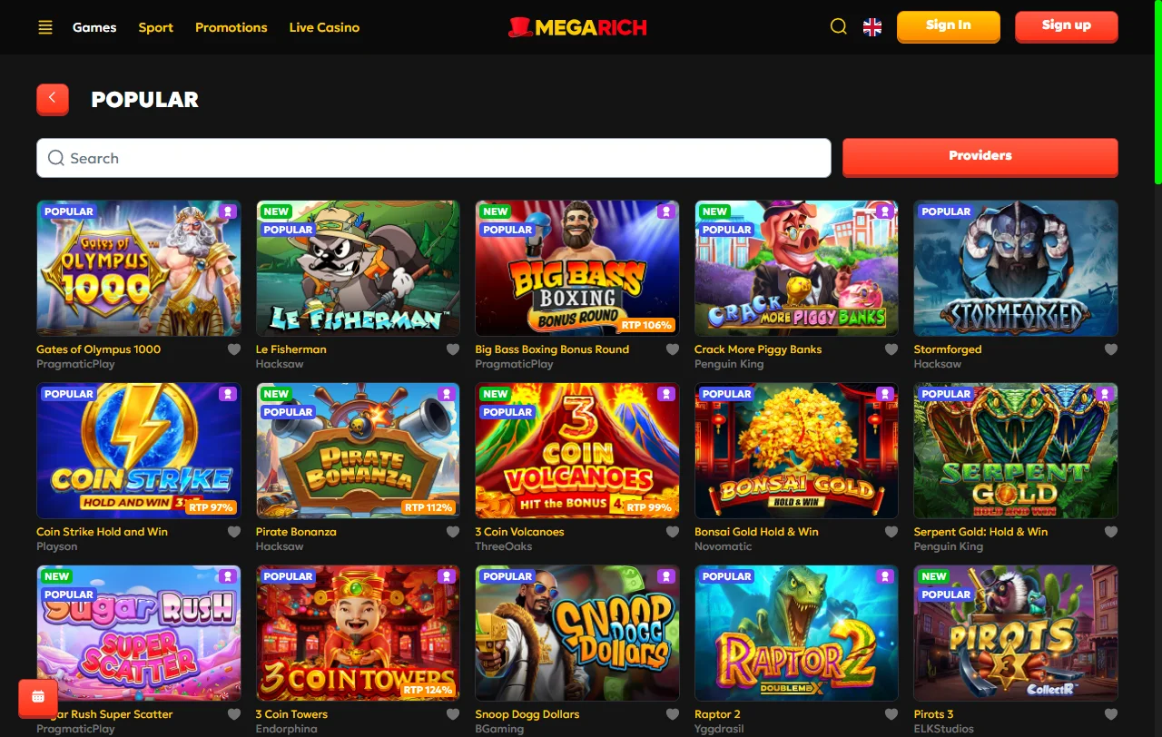 Biblioteca de juegos en línea con tragamonedas, mesa en vivo y opciones de juego en Megarich Casino México