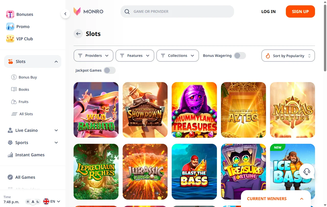 Catálogo de juegos de Monro Casino México con tragamonedas, mesa en vivo y proveedores como Pragmatic Play