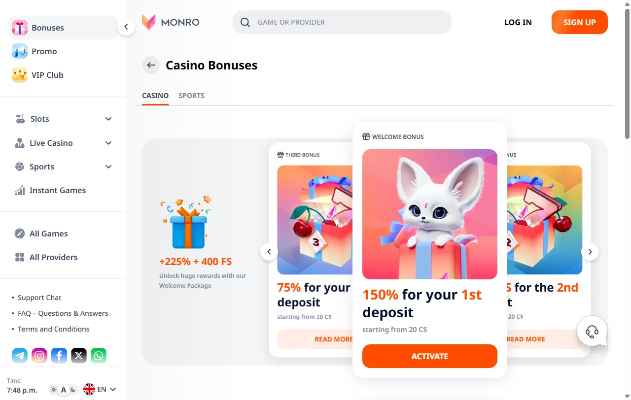 Bonos y promociones de Monro Casino México incluyendo bienvenida de 500 MXN y programa de lealtad escalonado