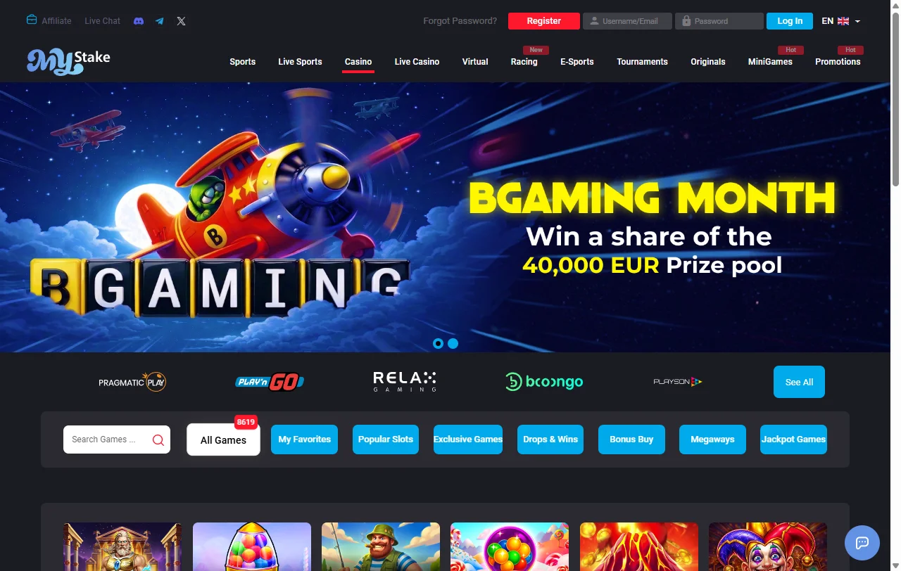 Biblioteca de juegos de MyStake Casino México mostrando tragamonedas, juegos de mesa y proveedores de software