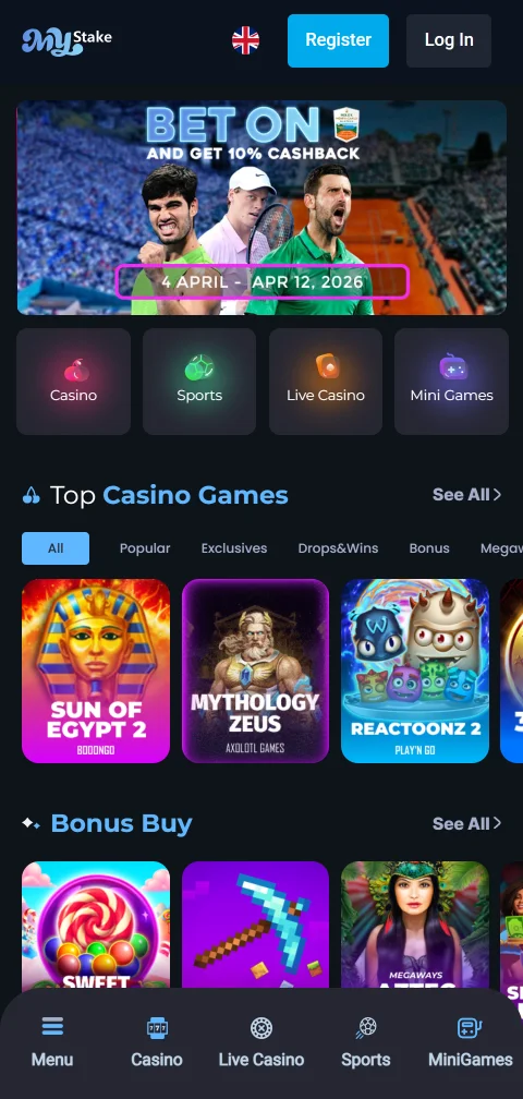 Interfaz móvil de MyStake Casino México optimizada para juego en smartphone y tablet