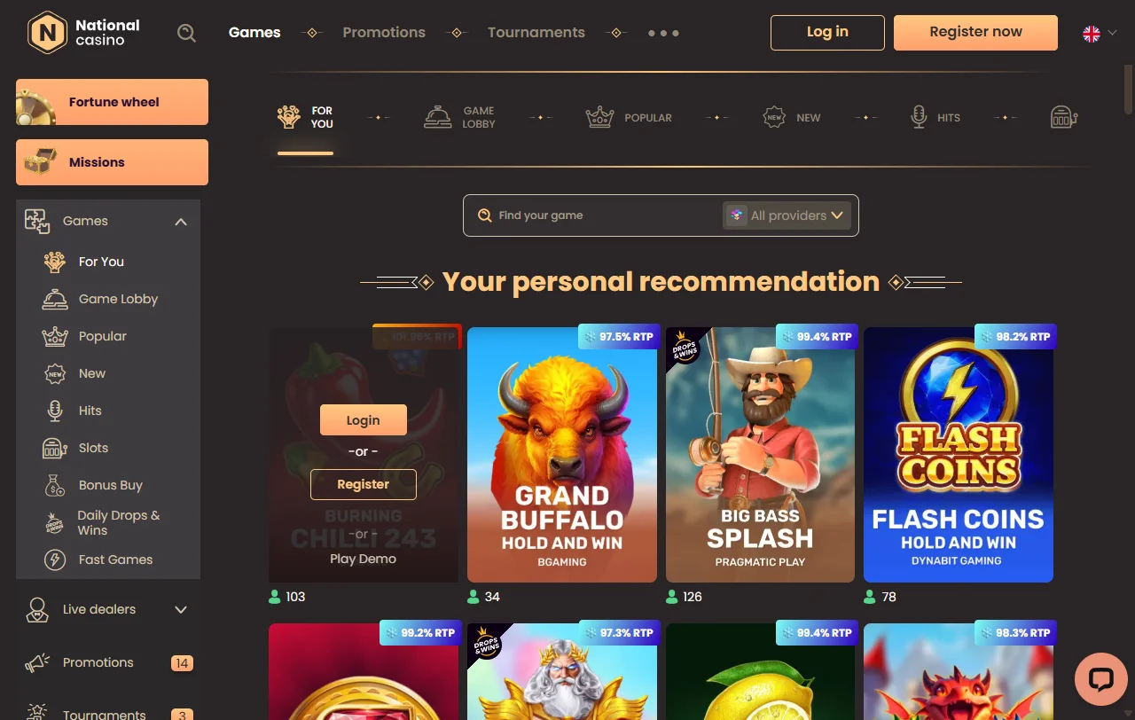 Catálogo de juegos de National Casino México incluyendo máquinas tragaperras, mesa en vivo y proveedores de software premium
