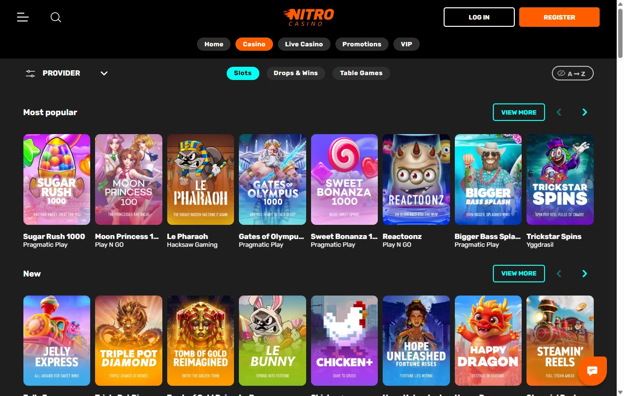 Catálogo de juegos de Nitro Casino México incluyendo tragamonedas, mesas en vivo y títulos de Pragmatic Play