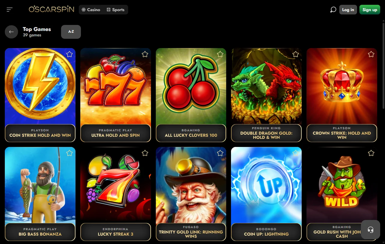 Catálogo de juegos de Oscarspin Casino México con tragamonedas, mesa y opciones en vivo
