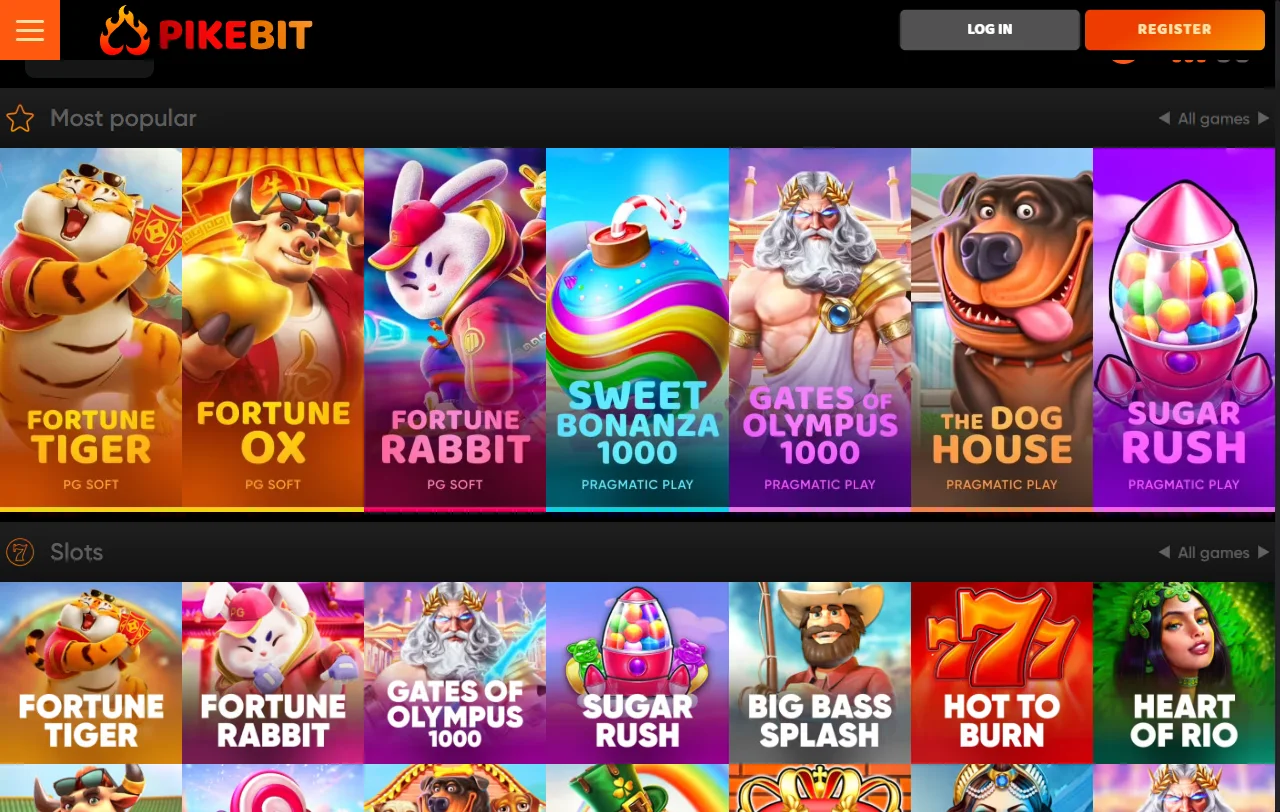 Catálogo de juegos en Pikebit Casino México incluyendo slots, mesas en vivo y títulos de proveedores premium