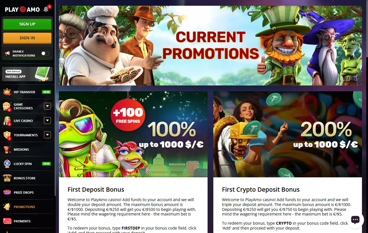 Promociones y bonificación disponibles en PlayAmo Casino México para nuevos jugadores