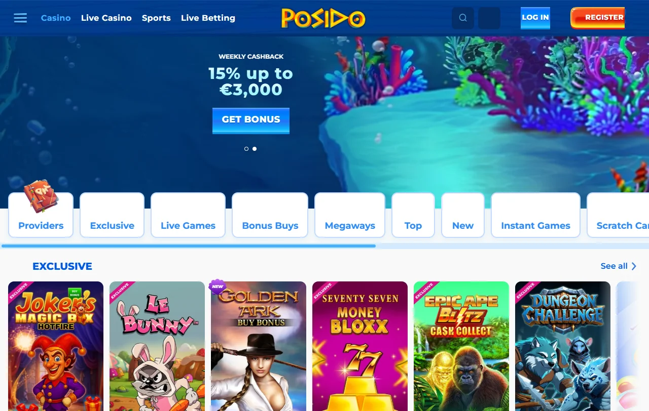 Catálogo de juegos en Posido Casino México incluyendo tragamonedas, mesas de juego y opciones de crupier en vivo