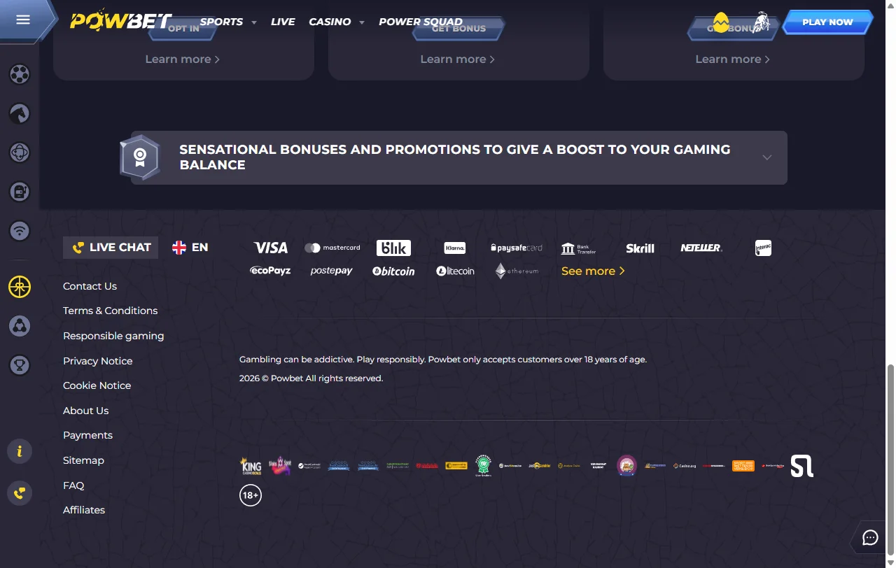 Catálogo de tragamonedas, juegos de mesa y opciones de casino en vivo en Powbet Casino México