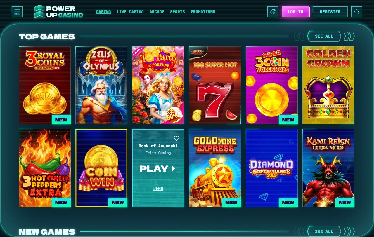 Catálogo de más de 2,500 juegos incluyendo tragamonedas, mesa y opciones en vivo en Powerup Casino México