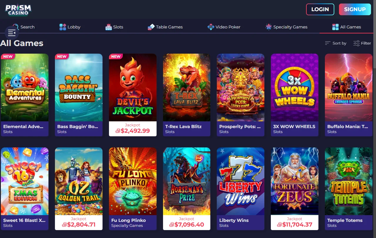 Catálogo de juegos y proveedores de software en Prism Casino México incluyendo Pragmatic Play y Evolution