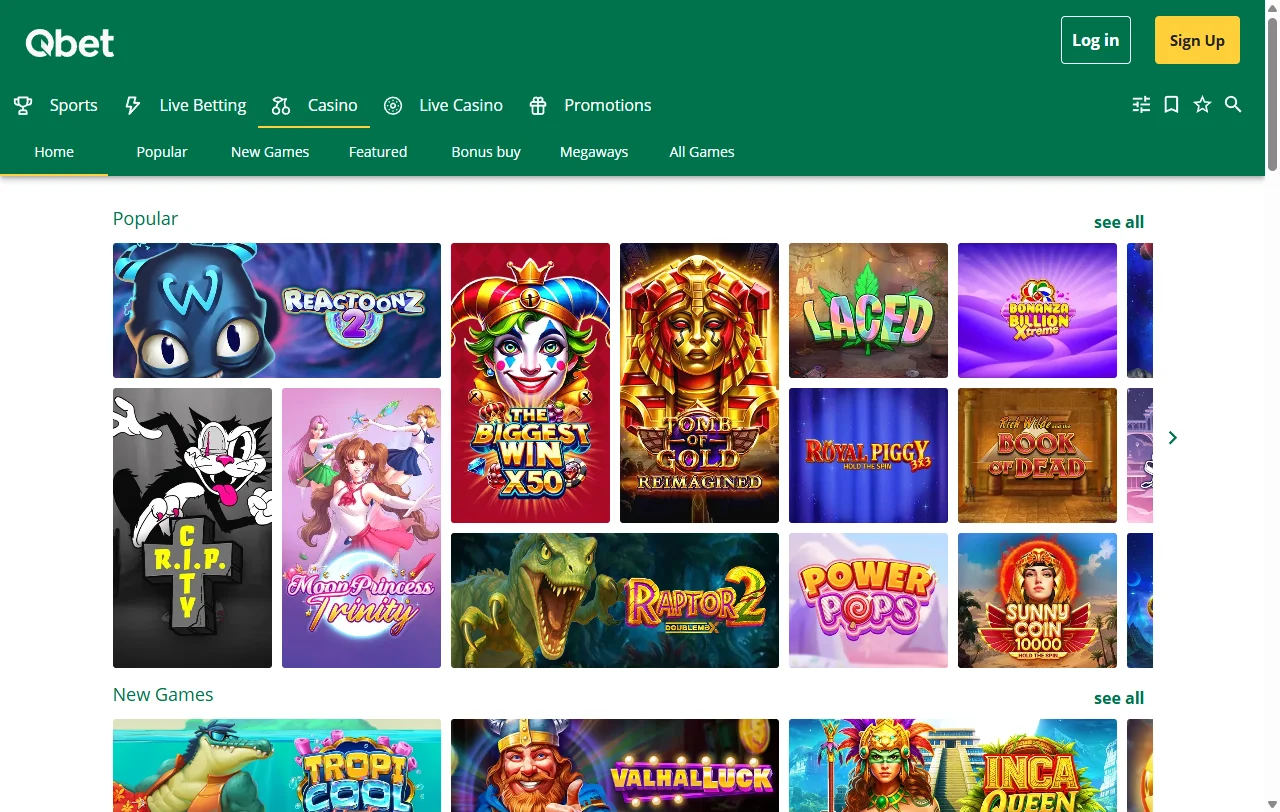 Colección de juegos en Qbet Casino México - tragamonedas, juegos de mesa y entretenimiento en vivo