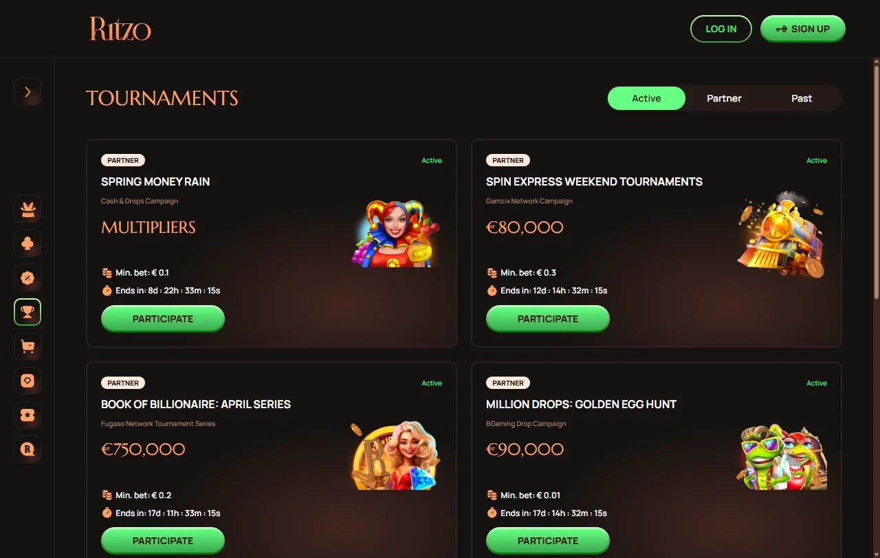 Catálogo de juegos de Ritzo Casino México incluyendo tragaperras, mesa en vivo y proveedores premium