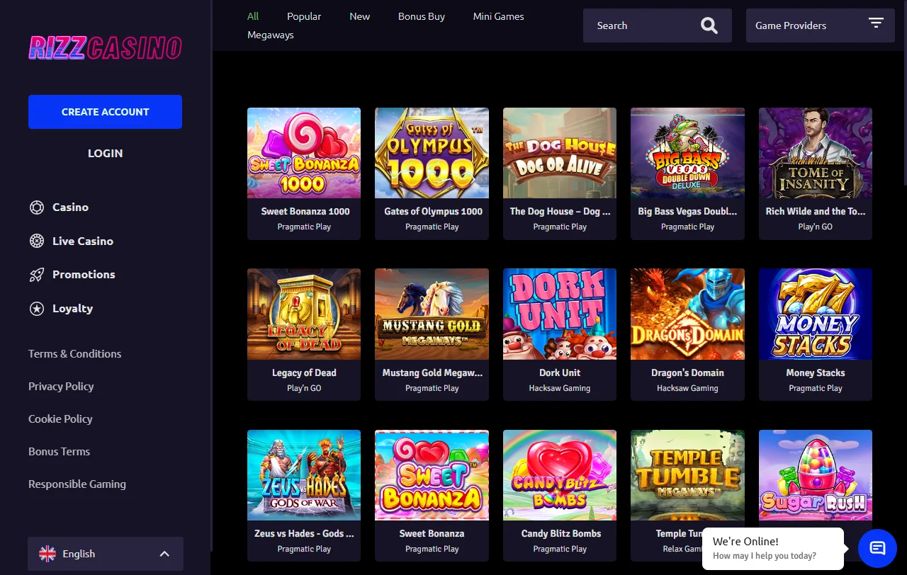 Catálogo de juegos en Rizz Casino México — tragamonedas, mesa y entretenimiento en vivo