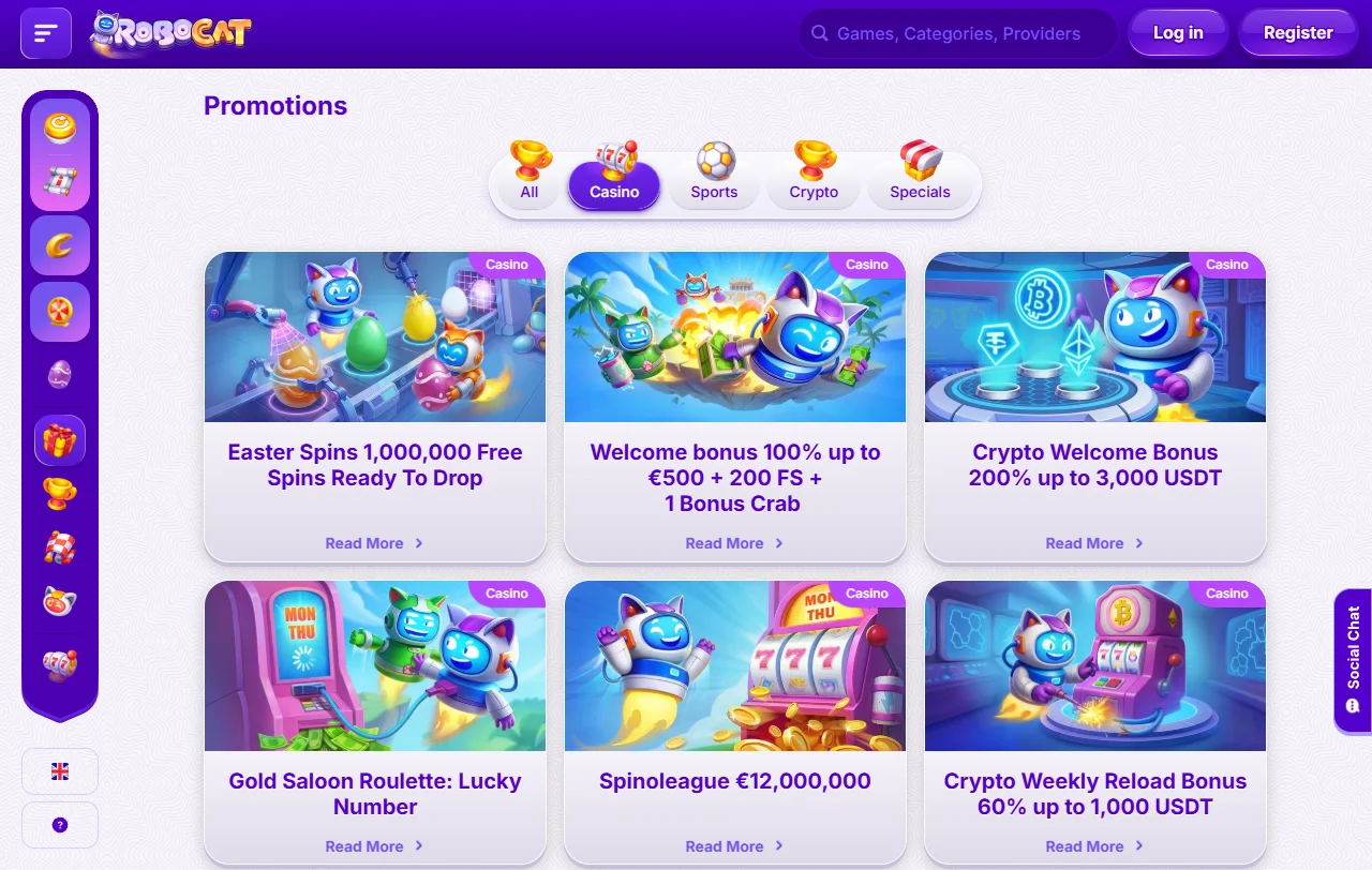 Catálogo de juegos y proveedores de software en RoboCat Casino México - más de 2,500 títulos disponibles