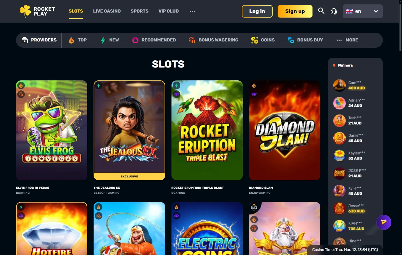 Catálogo de juegos y proveedores de software en RocketPlay Casino México con 3,000+ títulos disponibles