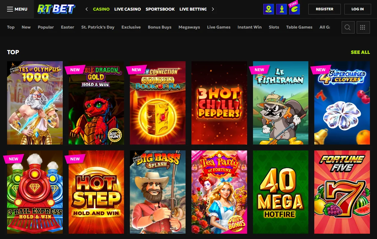 Biblioteca de juegos en RT Bet Casino México - tragamonedas, juegos de mesa en vivo y entretenimiento de proveedores reconocidos