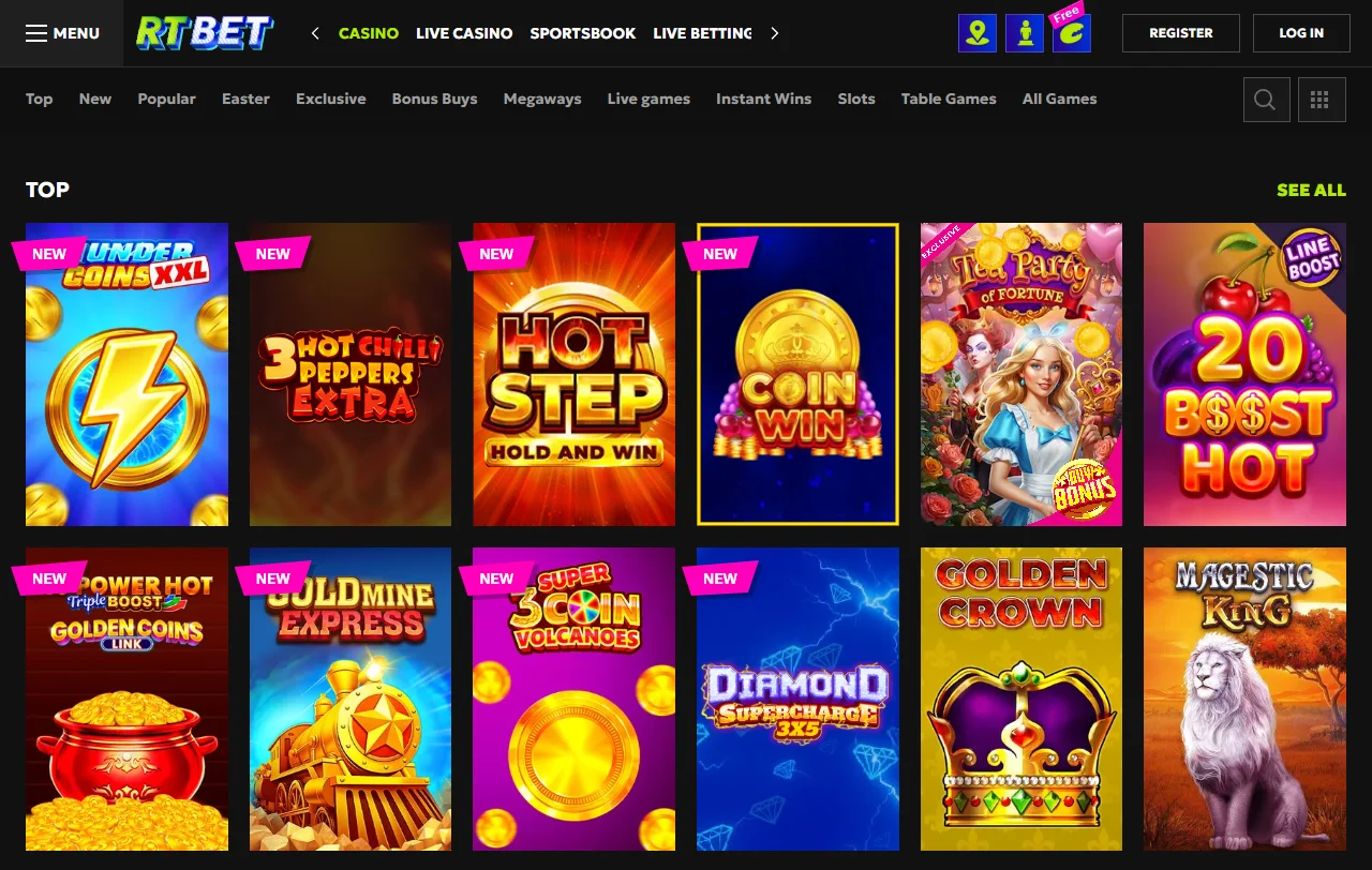 Catálogo de juegos en RTBet Casino México con máquinas tragamonedas y títulos de proveedores reconocidos