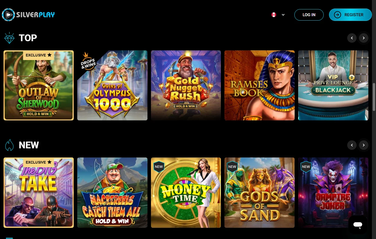 Catálogo de juegos en SilverPlay Casino México con tragamonedas y entretenimiento en vivo