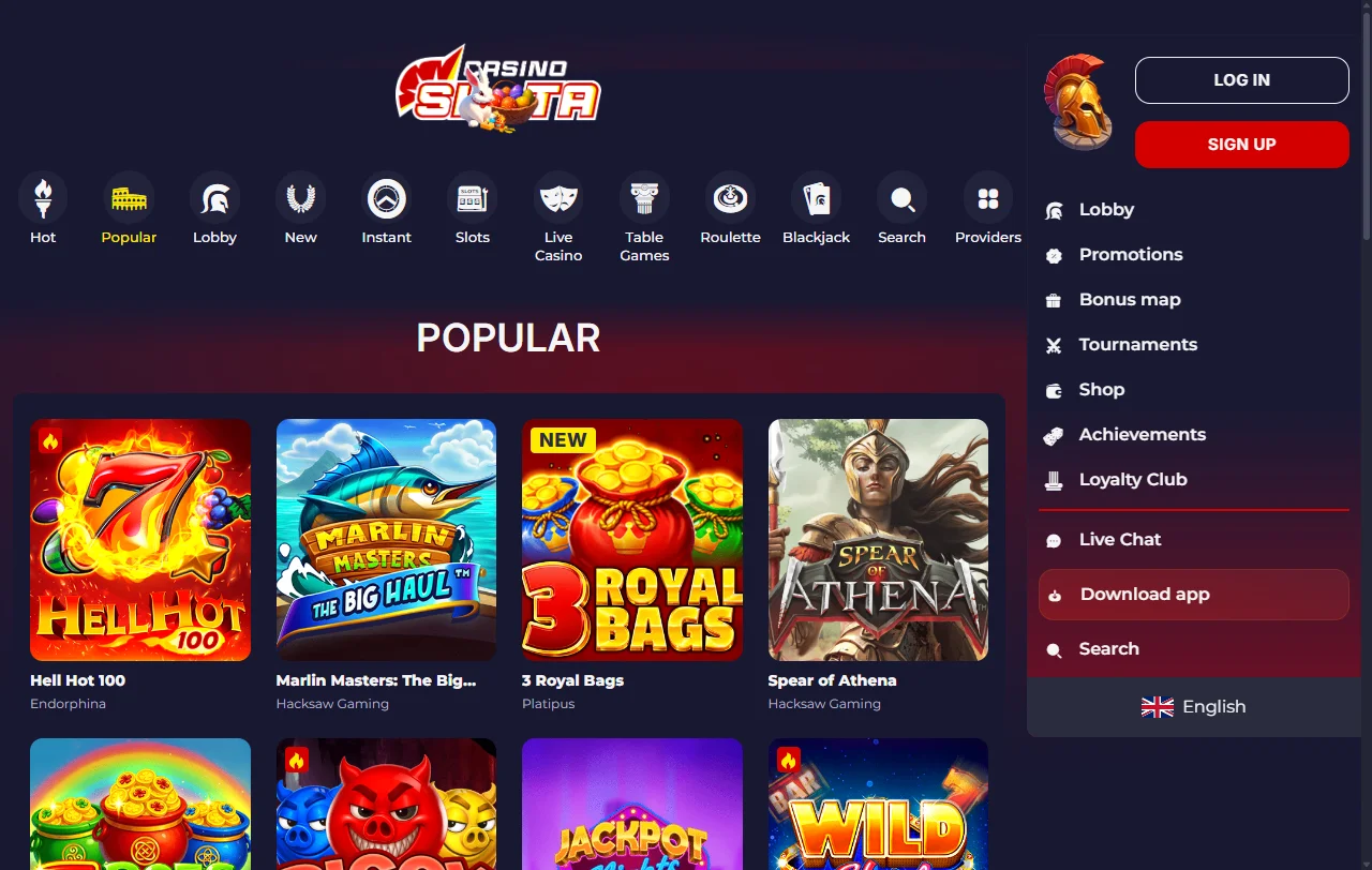 Catálogo de juegos de Slota Casino México incluyendo tragamonedas, mesa y experiencias en vivo