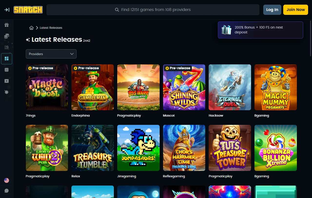 Catálogo de juegos y proveedores de software en Snatch Casino México