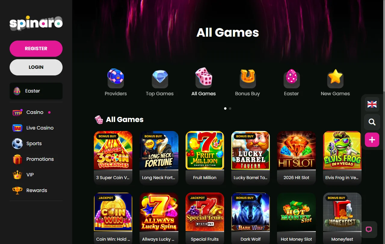 Catálogo de tragamonedas y juegos de Spinaro Casino México con títulos de proveedores reconocidos