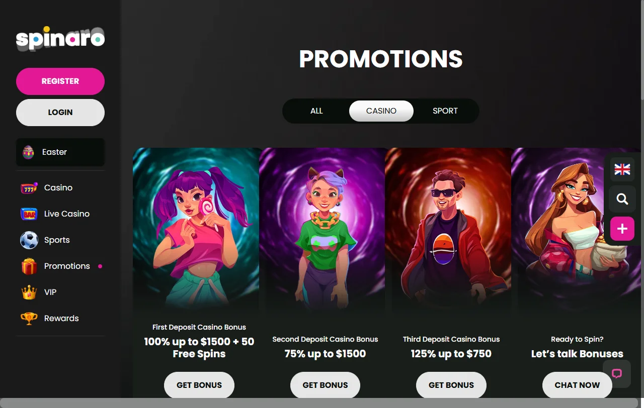 Bonos y promociones disponibles en Spinaro Casino México incluyendo bono de bienvenida y programa de lealtad