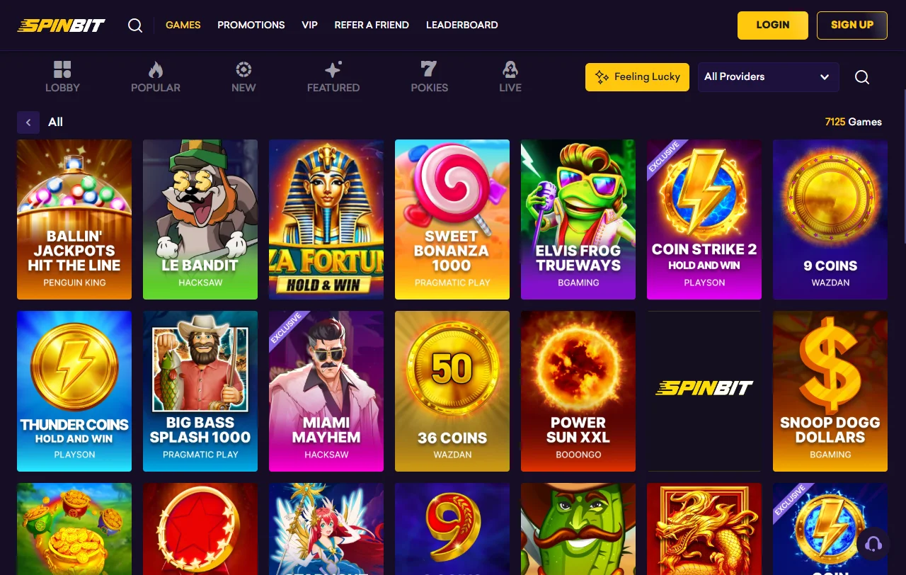 Catálogo de juegos en Spinbit Casino México con máquinas tragamonedas, mesas en vivo y entretenimiento especializado