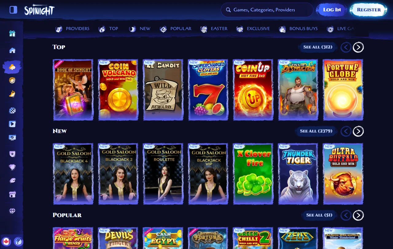 Catálogo de juegos de Spinight Casino México con más de 5,000 títulos de proveedores internacionales reconocidos
