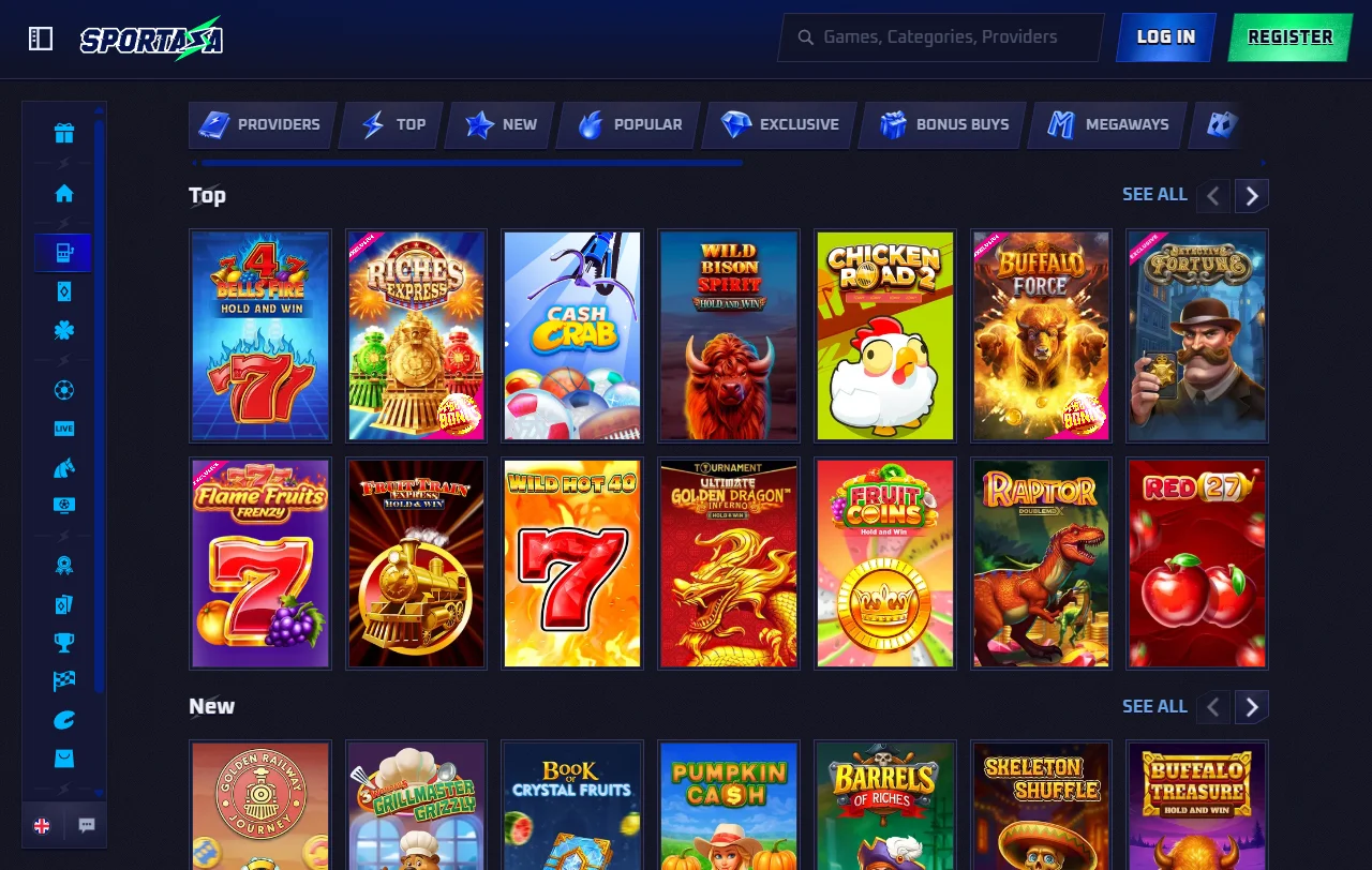 Catálogo de juegos de Sportaza Casino México incluyendo tragamonedas, mesa en vivo y proveedores de software