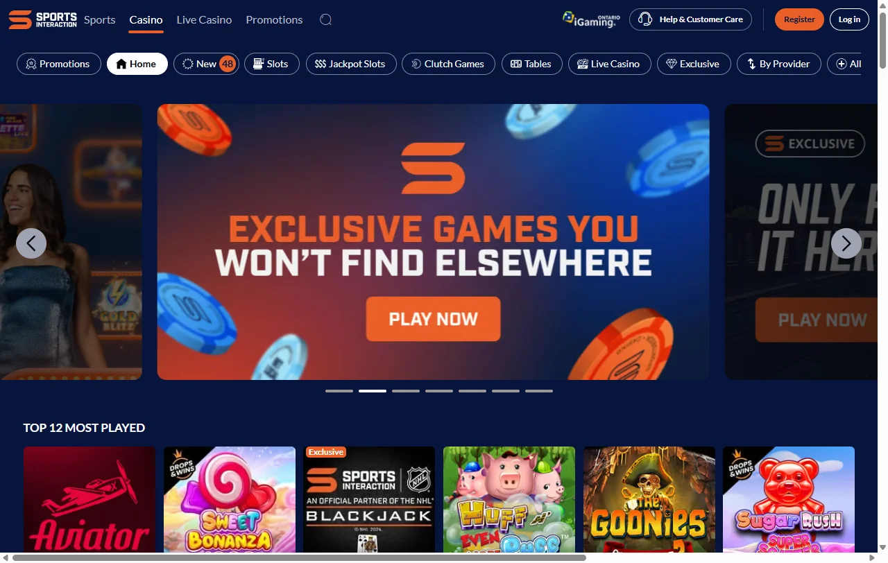 Catálogo de juegos de Sports Interaction Casino México incluyendo slots, mesa en vivo y proveedores de software