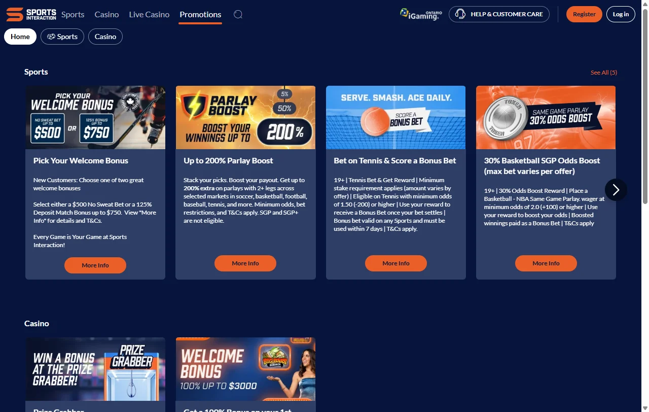 Bonificación y promociones de Sports Interaction Casino México con bono de bienvenida y programa VIP