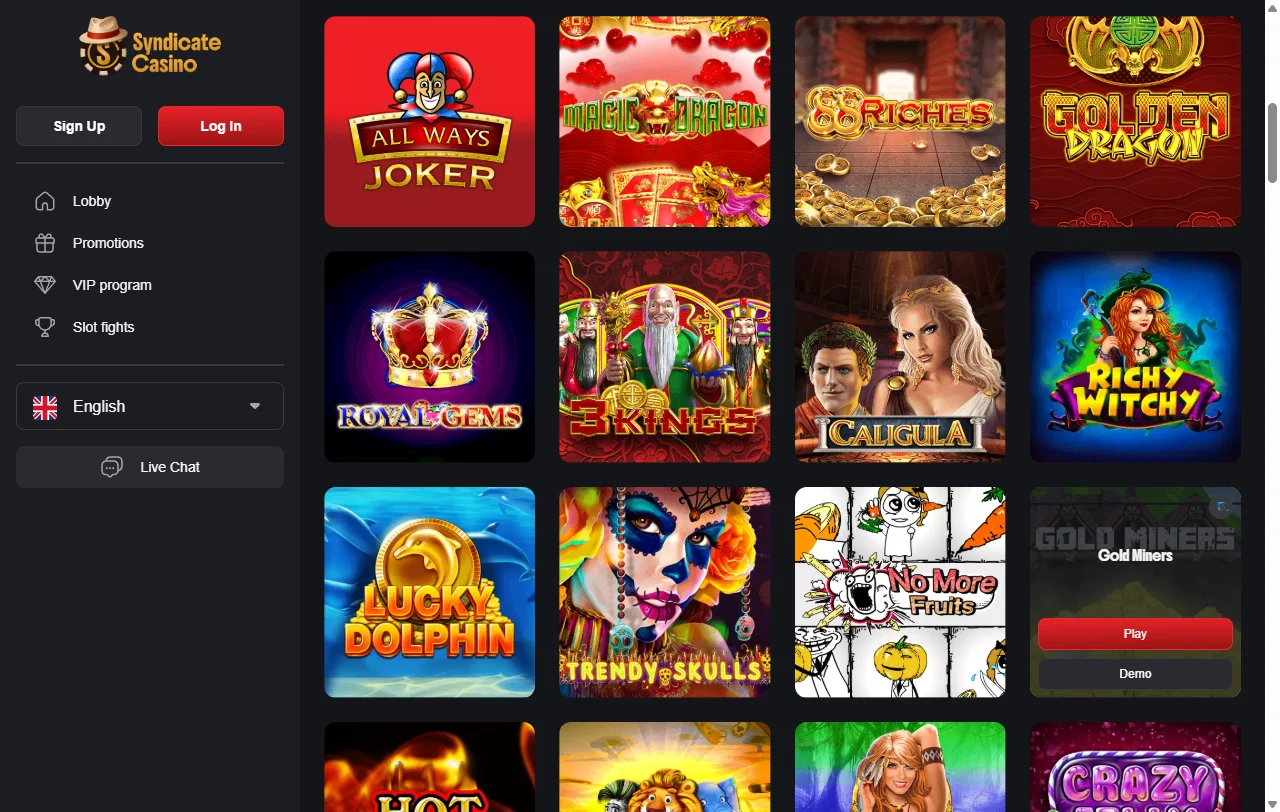 Catálogo de juegos de Syndicate Casino México incluyendo tragamonedas, juegos en vivo y variantes de mesa de proveedores premium