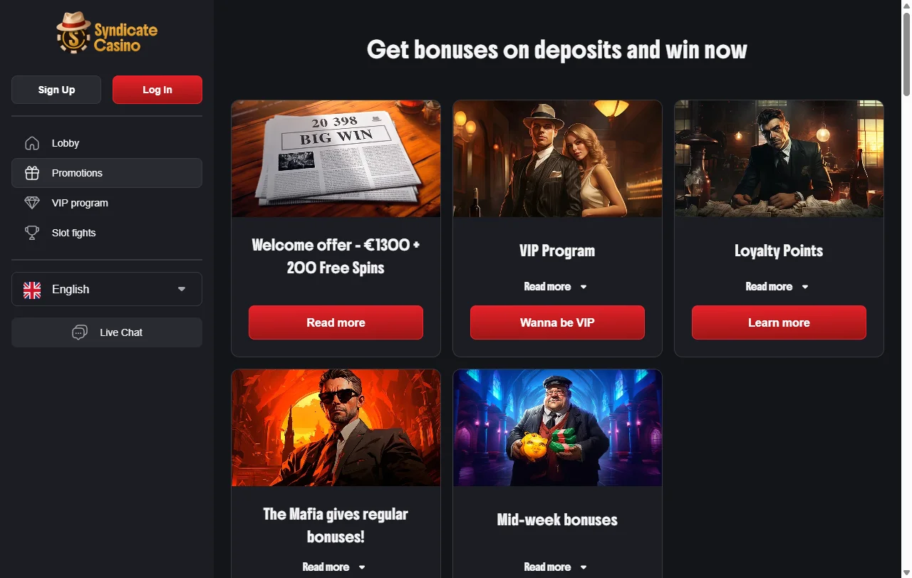 Bonificaciones y promociones de Syndicate Casino México incluyendo bono de bienvenida de 1,500 MXN y giros gratis