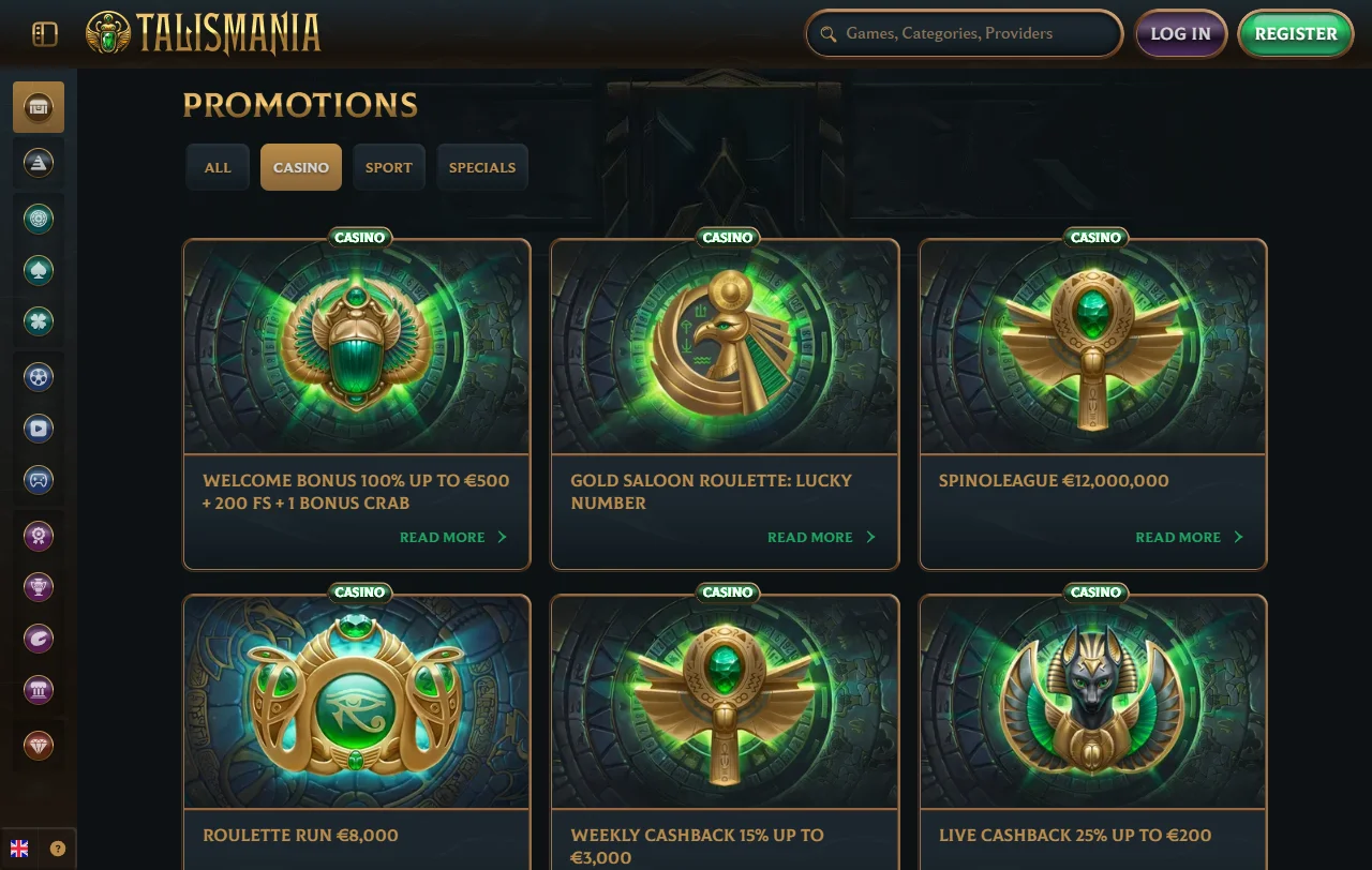 Catálogo de tragamonedas, juegos de mesa y entretenimiento en vivo en Talismania Casino México